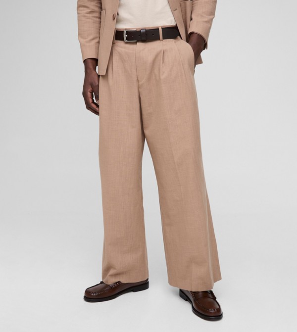 Linen Blend Pleated Wide Leg Trousers