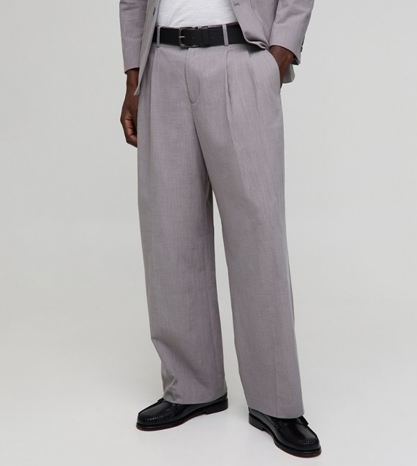 Linen Blend Pleated Wide Leg Trousers