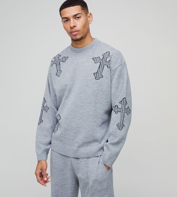 Laddered Cross Raw Edge Knitted Sweater