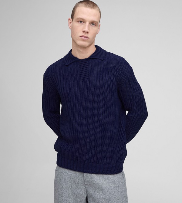 Chunky Knit Placket Detail Collared Sweater