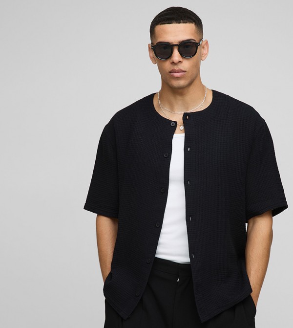 Oversized Collarless Waffle Shirt