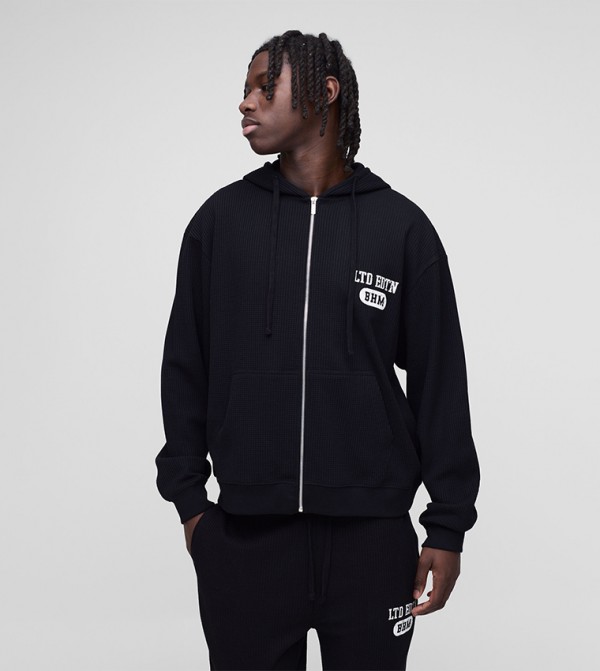 Waffle Print Zip-Through Oversized Hooded Jacket