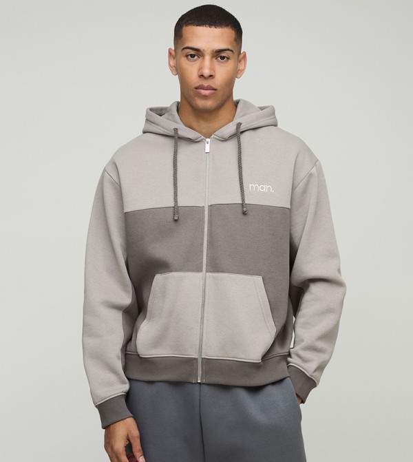 Man Panel Zip Through Oversized Hooded Jacket