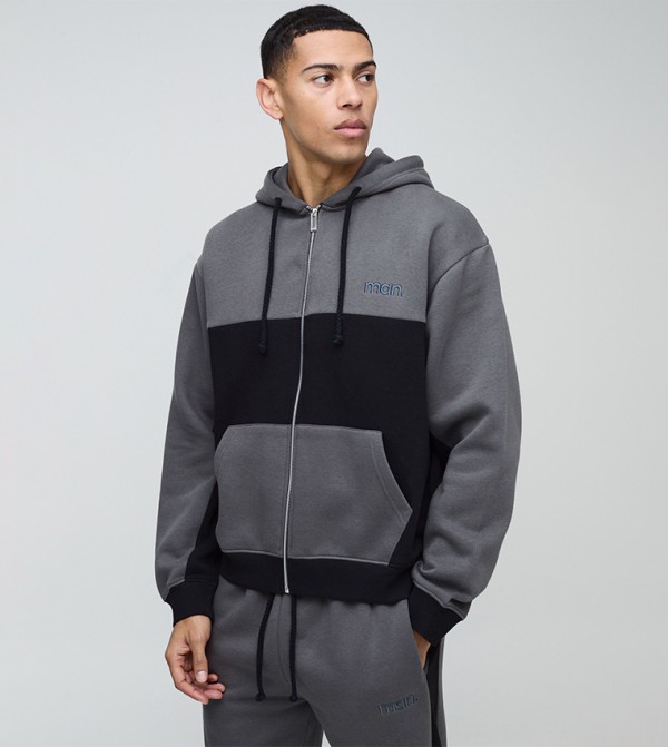 Panel Zip-Through Oversized Hooded Jacket