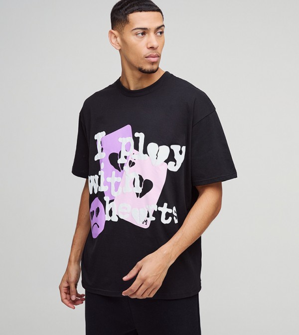 Broken Heart Cards Puff Printed Oversized T-Shirt
