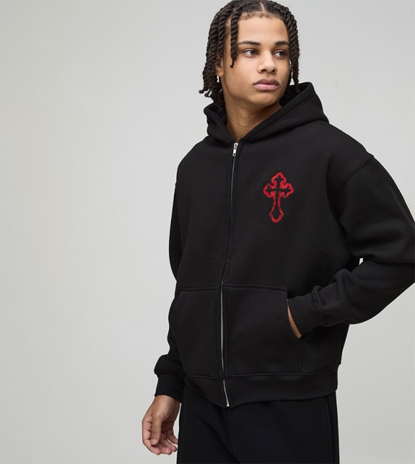 Embroidered Zip-Through Oversized Hooded Jacket