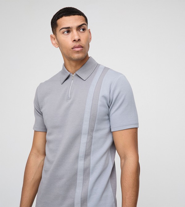 Slim Fit Side Panel Zip Neck Interlock Polo T-Shirt