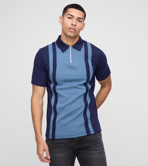 Slim Fit Paneled Zip Neck Interlock Polo T-Shirt
