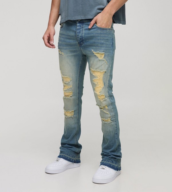 Ripped Washed Flared Jeans