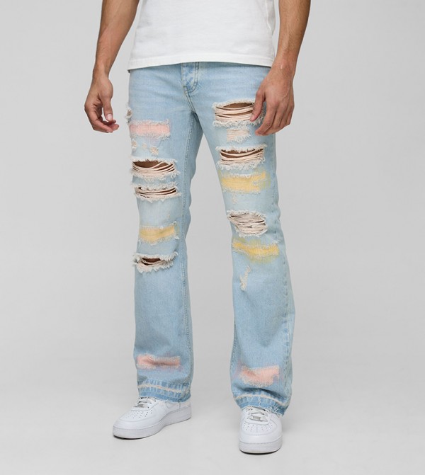 Rigid Flared Rip & Repair Pastel Slim Fit Jeans