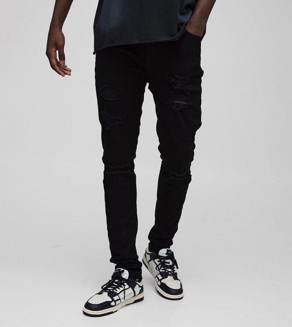 Stacked Distressed Ripped Skinny Fit Jeans