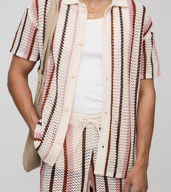 Boxy Fit Open Stitch Striped Knitted Shirt