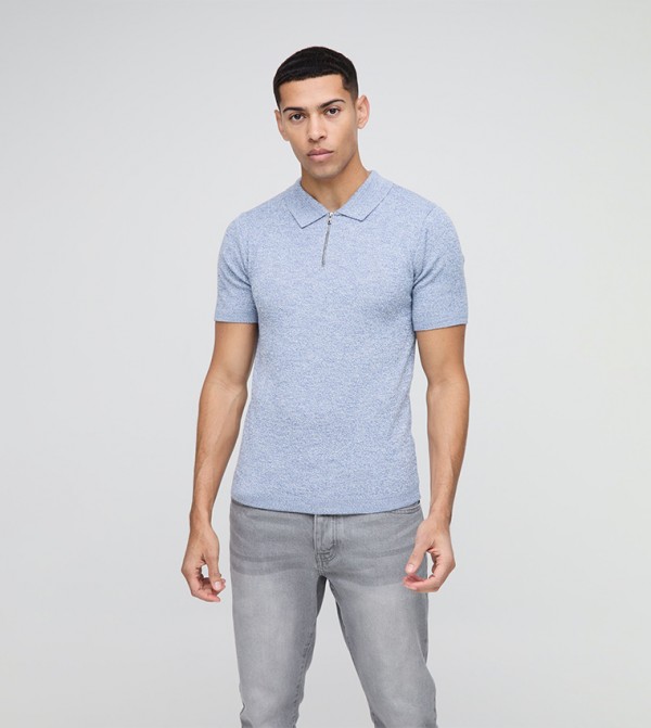 Muscle Fit Zip Neck Color Twist Knitted Polo T-Shirt