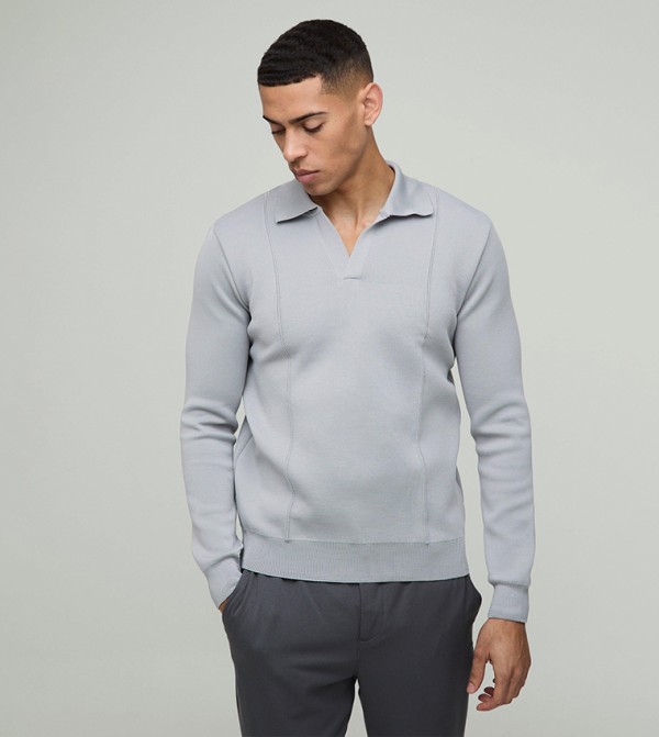 Regular Fit Button Neck Pin Tuck Knitted Polo T-Shirt
