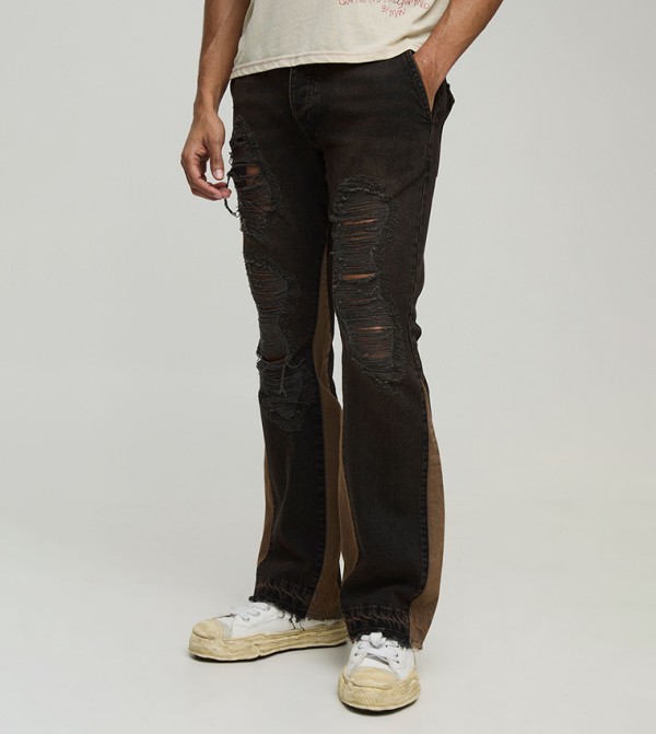 Ripped Detail Washed Slim Fit Flared Jeans