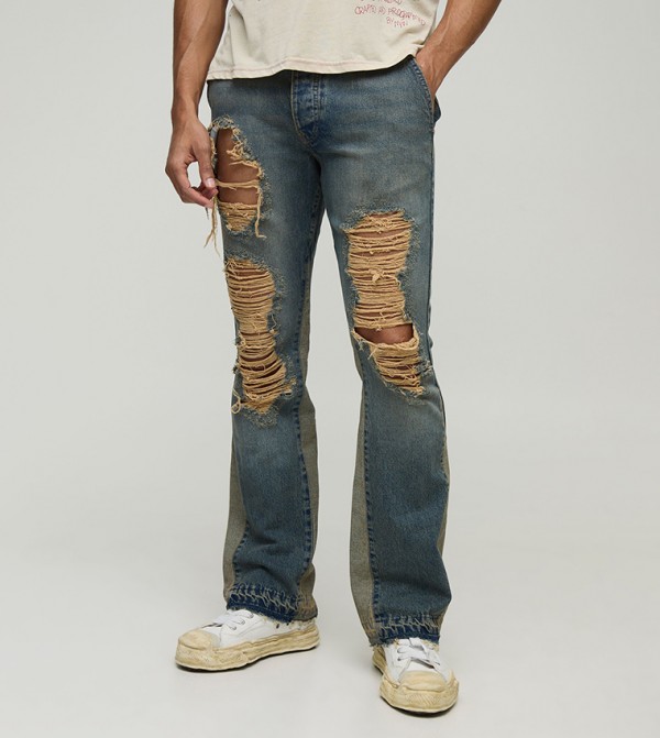 Ripped Detail Washed Flared Jeans