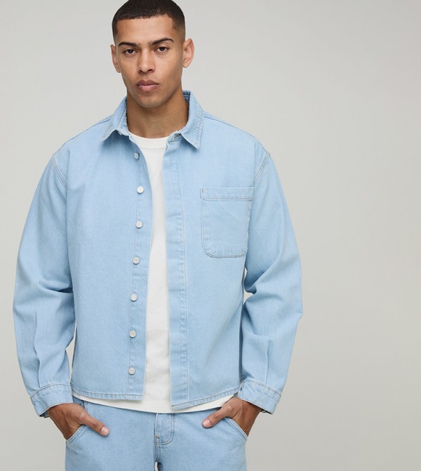 Concealed Placket Long Sleeves Denim Oversized Shirt