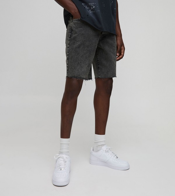 Straight Fit Washed Raw Hem Denim Shorts