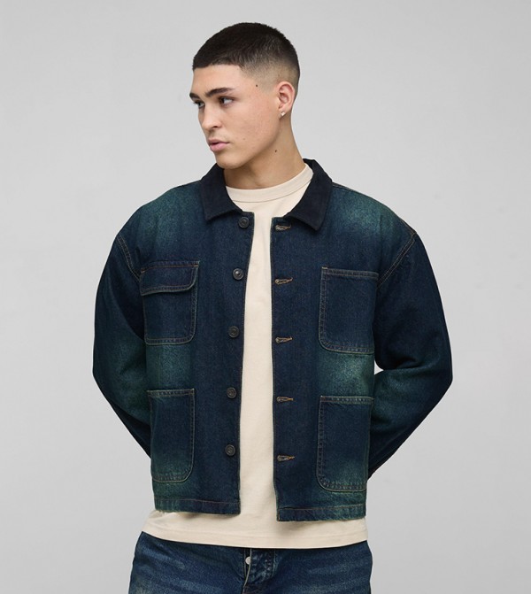 Regular Fit Vintage Washed Cord Collar Denim Jacket