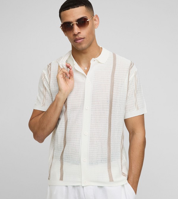 Relaxed Fit Open Stitch Border Striped Knitted Shirt