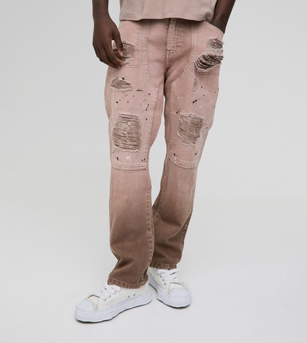 Ripped Paint Splatter Carpenter Straight Fit Jeans