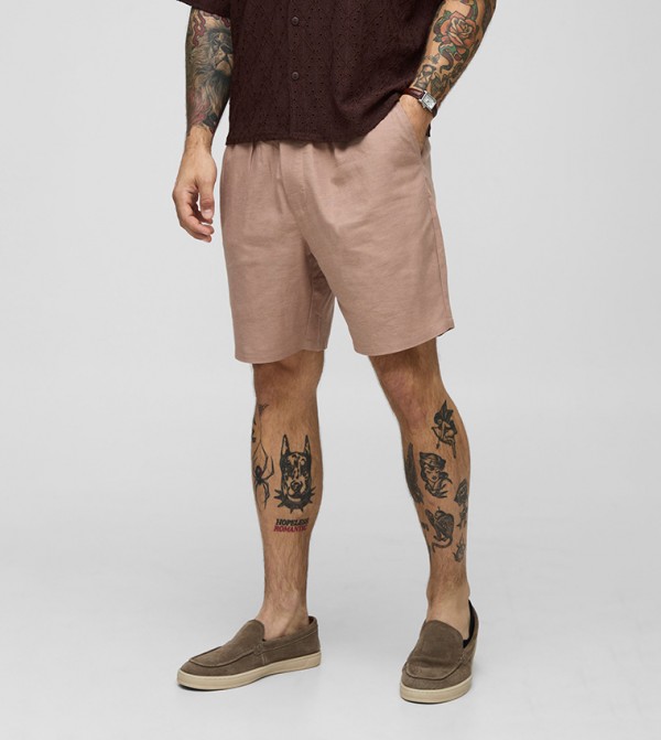 Elastic Waist Slim Fit Mid Length Linen Blend Shorts