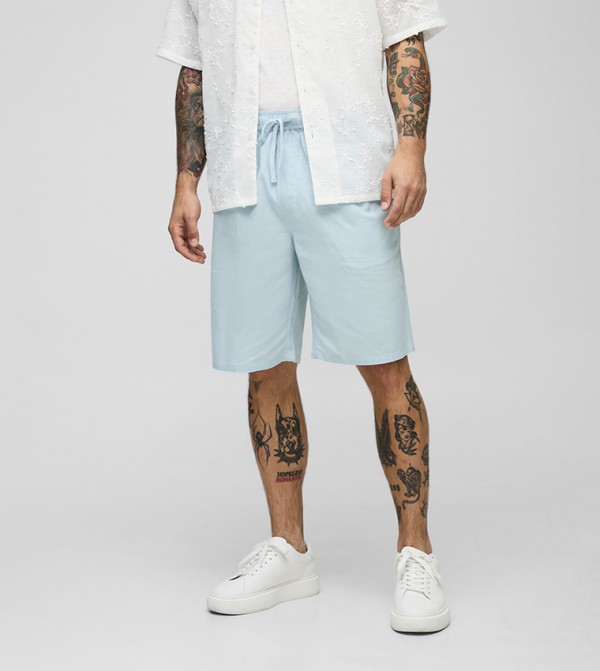 Elastic Waist Relaxed Fit Mid Length Linen Blend Shorts