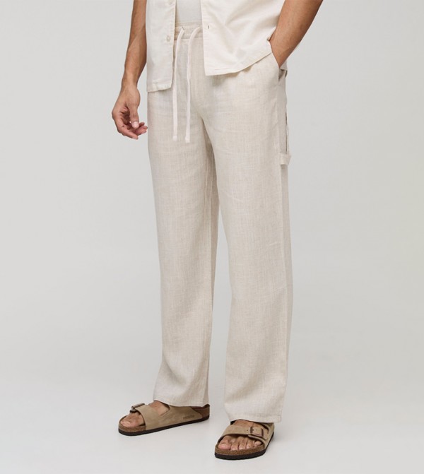 Drawstring Waist Linen Blend Slim Fit Trousers