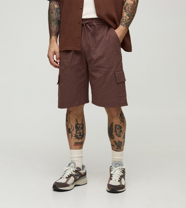 Relaxed Elasticated Waist Seersucker Cargo Shorts
