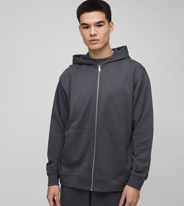 Solid Zip-Through Oversized Hooded Jacket
