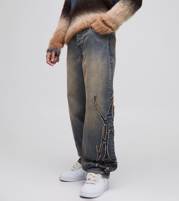Stone Washed Tribal Applique Relaxed Fit Jeans