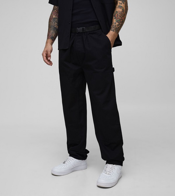 Elastic Waist Ripstop Straight Fit Carpenter Buckle Trousers