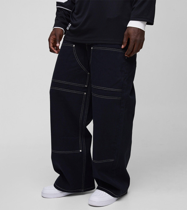 Twill Contrast Stitch Carpenter Baggy Fit Jeans