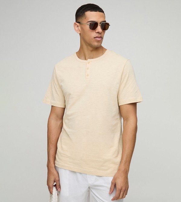 Regular Fit Button Neck Slub T-Shirt
