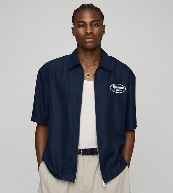 Zip Through Soft Twill Homme Short Sleeves Oversized Shirt