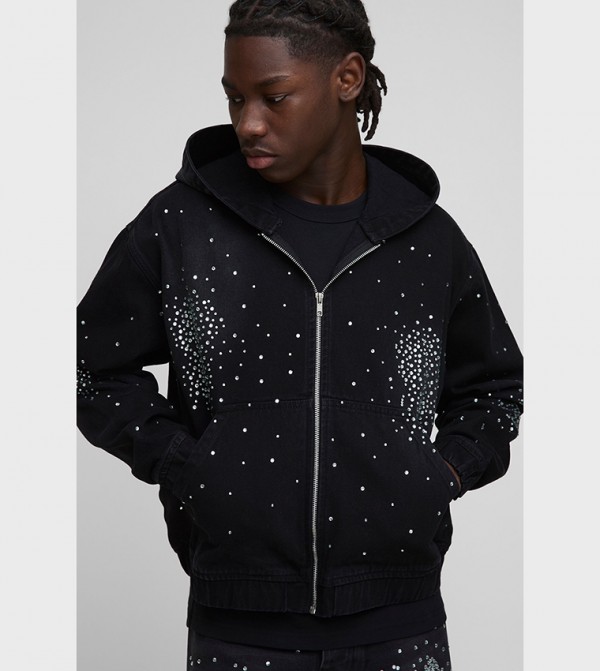Boxy Rhinestone Washed Denim Jacket