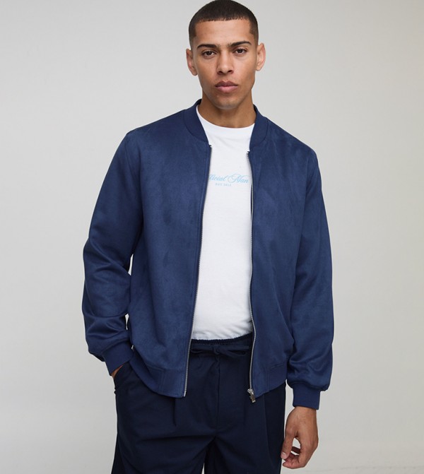 Faux Suede Regular Fit Bomber Jacket