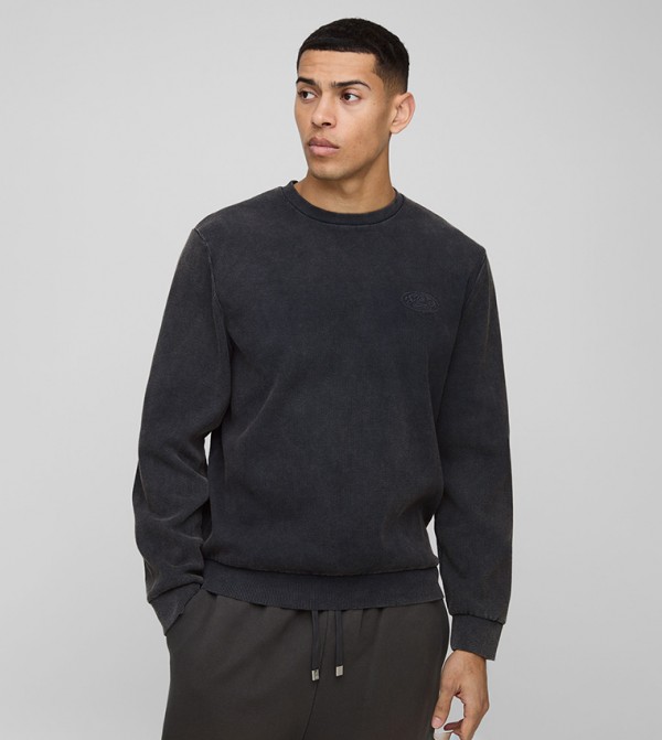 Regular Fit Washed Ribbed Embroidered Sweatshirt