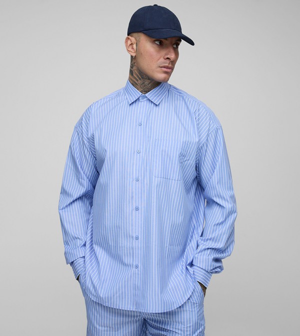Tall Striped Poplin Super Relaxed Curved Hem Shirt