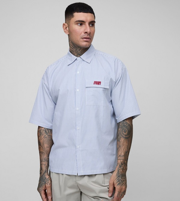 Tall Striped Embroidered Oversized Short Sleeves Shirt