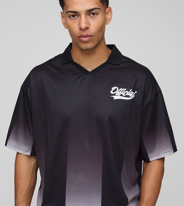 Oversized Boxy Ombre Striped Official Applique Sports Polo T-Shirt