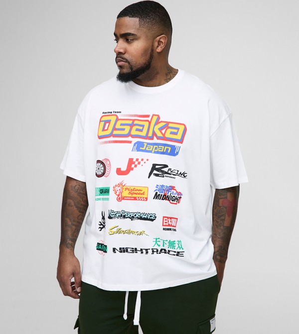 Plus & Tall Japan Moto Badge Print Oversized T-Shirt