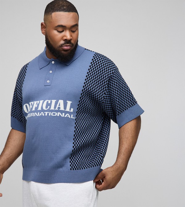 Plus & Tall Contrast Edge Open Knit Oversized Polo T-Shirt