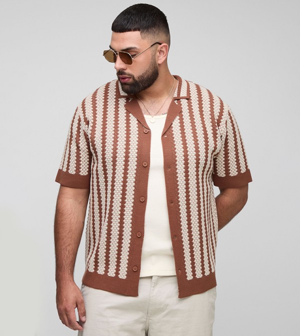 Striped Crochet Short Sleeves Oversized Shirt