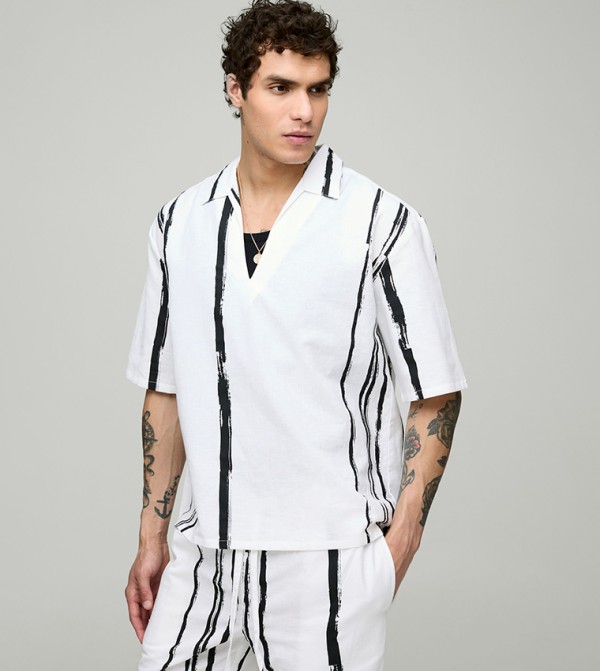 Striped Short Sleeves Linen Oversized Shirt