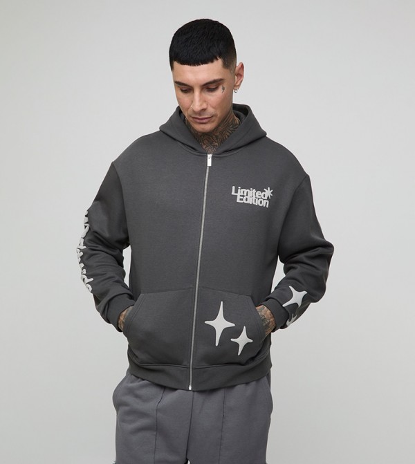 Tall Worldwide Puff Print Zip Through Boxy Hooded Jacket