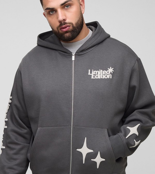 Plus & Tall Worldwide Puff Print Zippered Hooded Boxy Jacket
