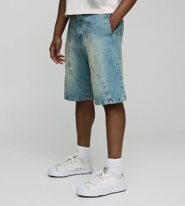 Light Washed Parachute Paneled Denim Shorts