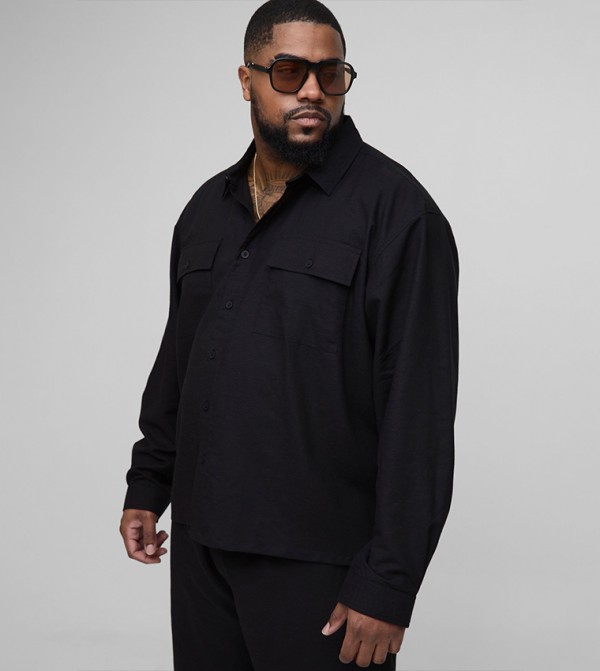 Plus & Tall Long Sleeves Linen Look Cargo Pocket Oversized Shirt