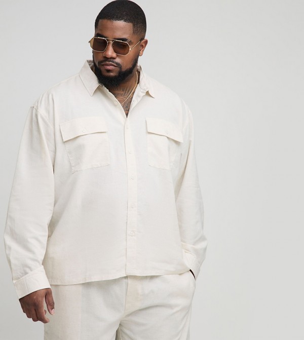 Plus & Tall Long Sleeves Linen Look Cargo Pocket Shirt